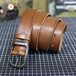 Men's vintage genuine leather casual belt with metal pin buckle solid cowhide work jean strap