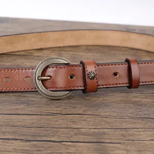 Vintage genuine leather belt for women, retro brown waist belt with antique brass buckle.