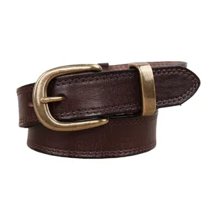 Retro genuine leather belt for women with brass pin buckle, casual brown cowhide strap.