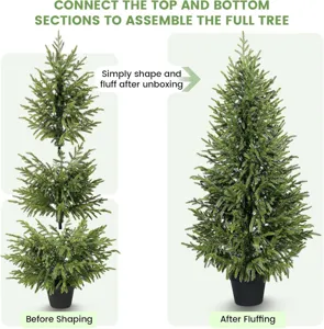 Comparison of artificial Norfolk Pine tree before shaping and after fluffing sections