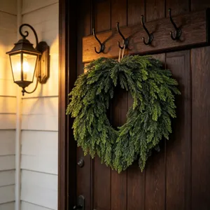 Herzförmiger Norfolk-Kiefernkranz an dunkler Holztür mit warmem Licht für Weihnachten