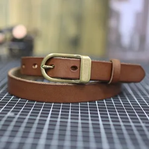 Vintage brown leather skinny belt with antique brass buckle for women dress jeans casual