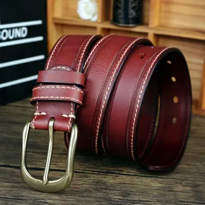 Ceinture homme cuir véritable rétro rouge foncé boucle ardillon en laiton décontracté