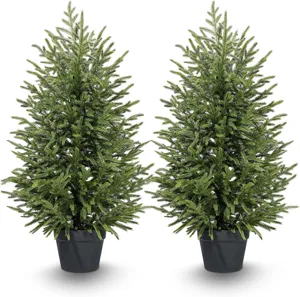 Pair of realistic artificial Norfolk Pine Christmas trees in black pots for festive decor.