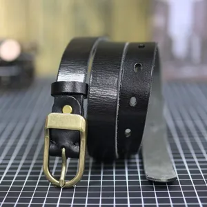 Women genuine leather thin belt black narrow dress jeans decorative strap retro buckle