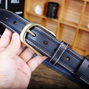 Ceinture vintage en cuir véritable pour homme avec boucle ardillon bronze et belles coutures.