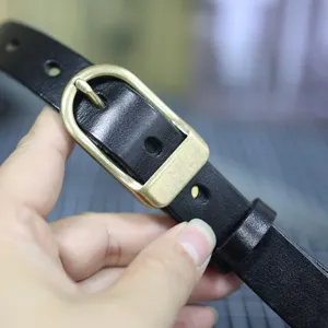 Black genuine leather thin belt for women, stylish vintage metal pin buckle waist strap.