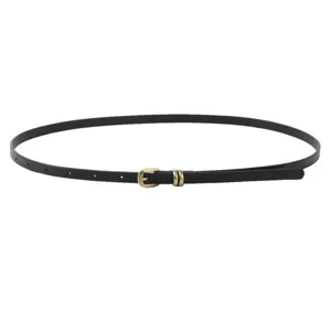 Stijlvolle zwarte smalle damesriem met bronzen gesp voor elegante jurken en jassen.