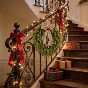 Vue détaillée d'une couronne de Noël avec un nœud en toile et des cloches rustiques