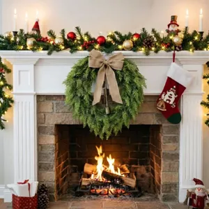 Couronne de Noël chaleureuse avec nœud en toile et cloches sur une cheminée élégante