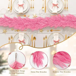 Detailed views of pink Norfolk pine garland with hanging loop and dense pine branches.