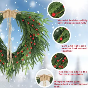 Detailed close-ups of artificial Norfolk pine wreath with red berries and twine bow.