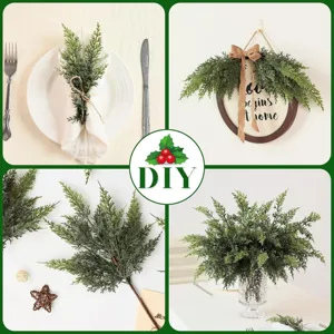 Close-up of artificial cedar branches used for DIY Christmas table and wall decor