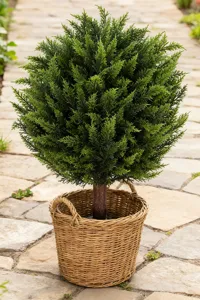 Lush green artificial cedar topiary ball in a round woven wicker basket on a stone path.