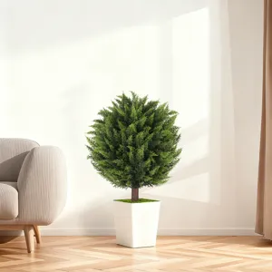 Realistic artificial boxwood topiary ball tree in white pot for home garden decor.
