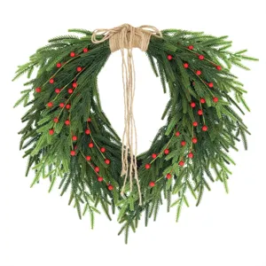 Norfolk Pine Christmas Wreath with Burlap Bow and Red Berries Artificial Greenery Wreath for Front Door Home Decor Holiday Wreath