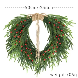 50cm Norfolk pine Christmas wreath with red berries and jute bow, 705g weight