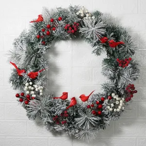Christmas Wreath With Flocked Pine Needles Red Cardinal Birds Berries For Front Door Wall Hanging Winter Festive Decoration