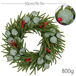 Detailed view of 50cm Christmas wreath with cedar, eucalyptus leaves and red berries
