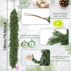 Vista detallada de la guirnalda de cedro de 180 cm para decoración navideña de escaleras.