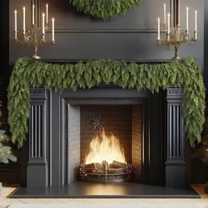 Realistic Norfolk pine garland decorating a dark fireplace mantle during Christmas