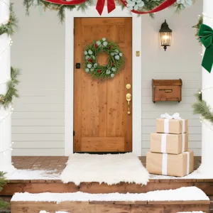 Christmas cedar and eucalyptus berry wreath displayed on a rustic wooden front door