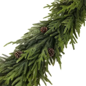 Realistic 13-fork Norfolk pine garland with decorative pinecones for festive Christmas decor