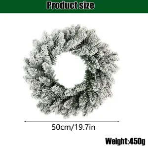 Detailed view of the 19.7 inch flocked Christmas wreath showing size and weight parameters