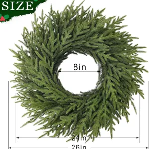 Large green Norfolk pine Christmas wreath with 26-inch diameter dimension specs.