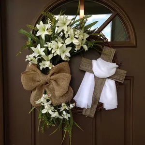 Easter Cross Wreath With White Lily Flowers Wooden Cross Burlap Bow Artificial Greenery Vine Door Hanging Decoration For Home