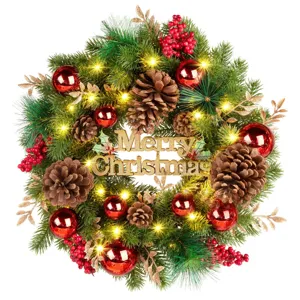 Handmade Artificial Christmas Wreath LED Light Up Garland Red Bow Pinecones Berries Front Door Wall Hanging Xmas Decoration Holiday Party Decor