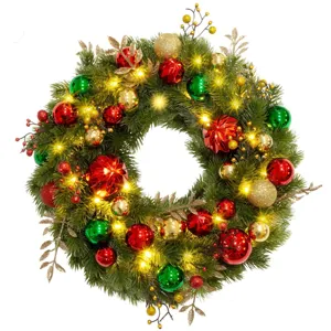Detailed Christmas wreath featuring red, green, and gold balls with LED lights
