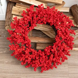 Corona de Bayas de Navidad Adorno Colgante de Bayas Rojas Artificiales Estilo Campestre Americano Puerta Principal Pared Decoración Festiva
