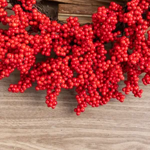 Primer plano de racimos de bayas rojas vibrantes para decoración de coronas navideñas casa