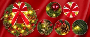 Detailed views of a festive Christmas wreath with a red bow, ornaments and LED lights