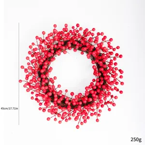 Red berry Christmas wreath with 45cm diameter and 250g weight on white background