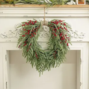 Grande Ghirlanda di Natale con Bacche Artificiali Base in Rattan Naturale Aghi di Pino per Porta d'Ingresso Parete Camino Decorazioni