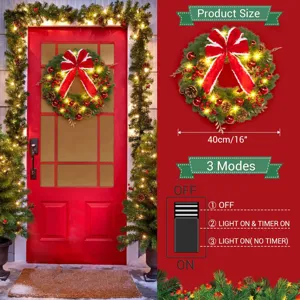 40cm Christmas PVC wreath with red bow ornaments and warm LED lights for front door