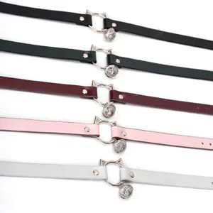 Leather choker necklace with cat ear ring and bell, gothic subculture cute neck jewelry.