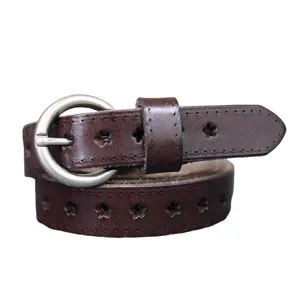 Women brown genuine leather belt with round metal buckle and star cutouts for jeans.