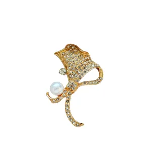 Elegant gold rhinestone pearl brooch pin for women fashion clothing ginkgo leaf accessories