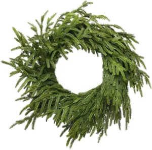 Close-up detail of a lush green artificial cedar wreath for festive Christmas home decor