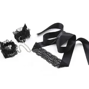 Black lace bondage cuffs and satin ribbon set sexy adult novelty accessories for fun