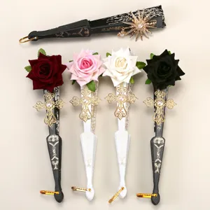 Retro court style lace folding fan with rose and cross charms for tea party and cosplay.