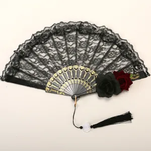 Gothic lace folding fan with gold ribs, black and red roses, and elegant tassel for party.