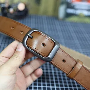 Vintage brown leather belt for men casual jeans with classic metal pin buckle daily wear