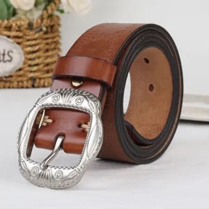 Vintage brown leather belt for women with ornate silver metal buckle casual jeans belt
