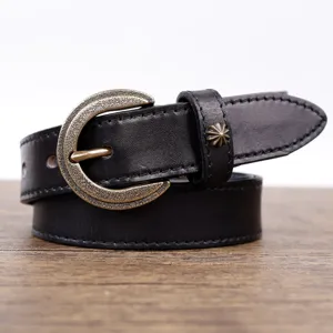 Vintage genuine leather belt for women, retro black waist belt with antique brass buckle.