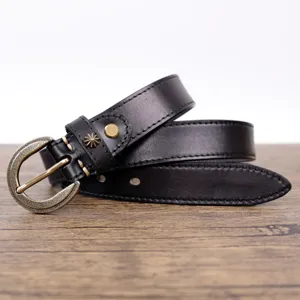 Classic black genuine leather belt for women with vintage metal buckle and star rivet detail.