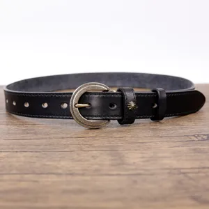 Vintage black genuine leather belt for women with antique bronze buckle and metal star rivet.